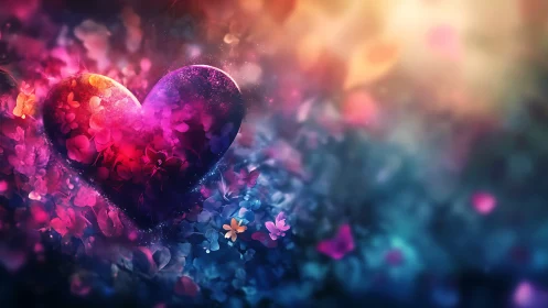 Luminescent Heart Among Flowers in Magenta and Teal Hues.