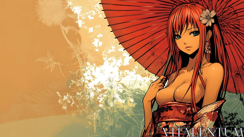 Kimono-clad anime woman under red paper parasol stands poised.