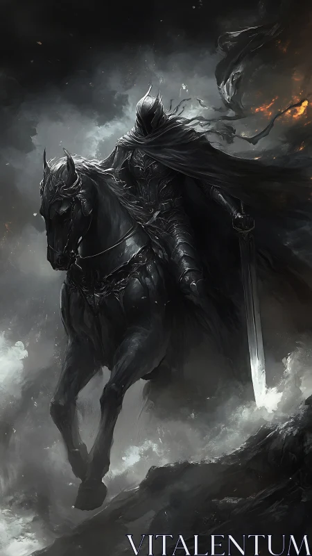Armored dark rider on warhorse in stormy monochrome scene.