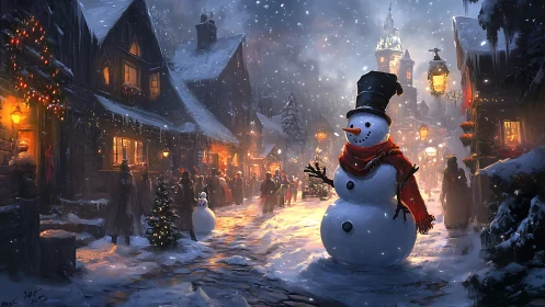 Snowman stands in festive snowy village street at night.