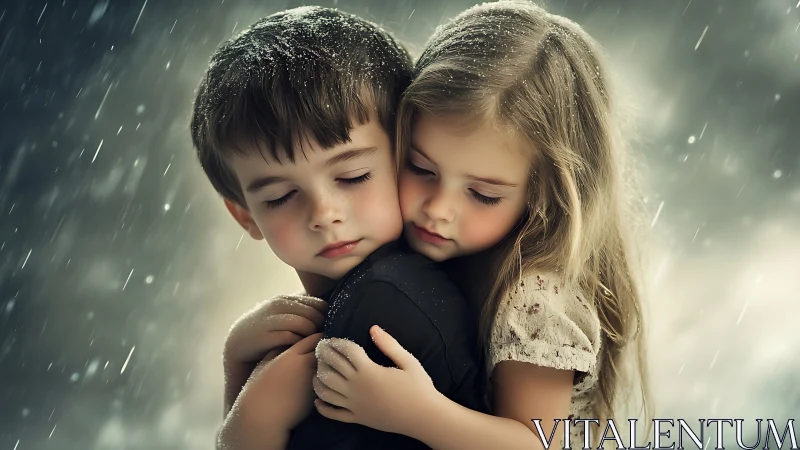 Two Children Sharing a Quiet Moment in the Rain.