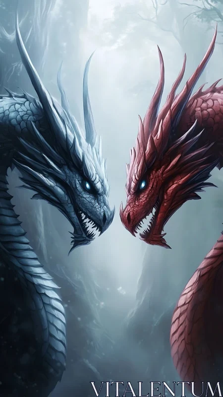 Bilateral chromatic dragon confrontation in misted forest.