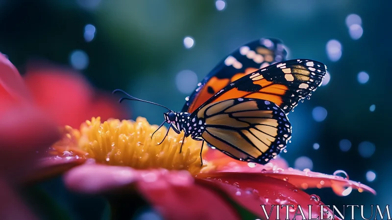 Rainlit monarch alights on fire-bright blossom in bloom.