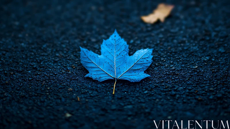 Vivid blue maple leaf on wet asphalt with shallow depth.