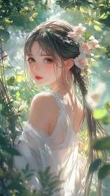 Female figure in floral hair ornament within green foliage.