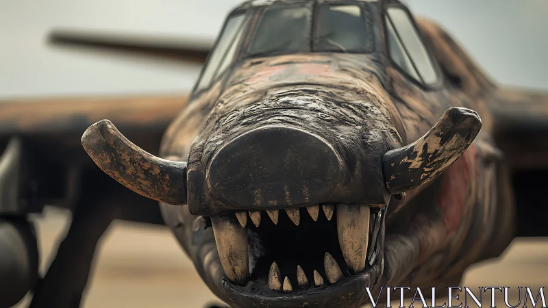 Weathered warplane nose art forms aggressive animalistic visage