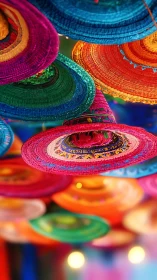 Suspended woven sombreros in vivid festival color cascade.