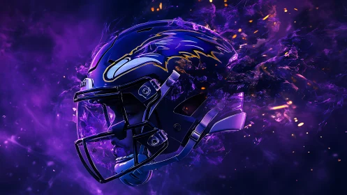 3D luminous football helmet in explosive purple particle field.