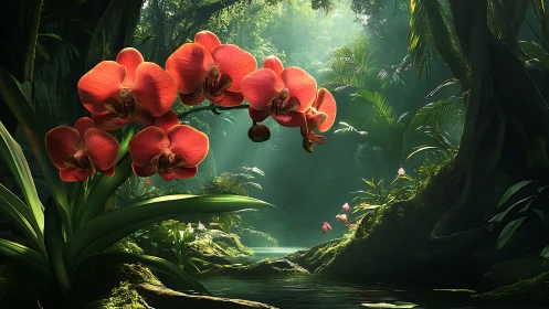 Red orchids over lush jungle river in soft morning light.