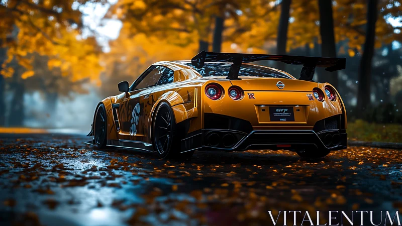Orange Nissan GT-R on wet autumn forest road at dusk.