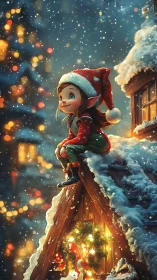 Christmas elf gazes at snowfall from a glowing rooftop.