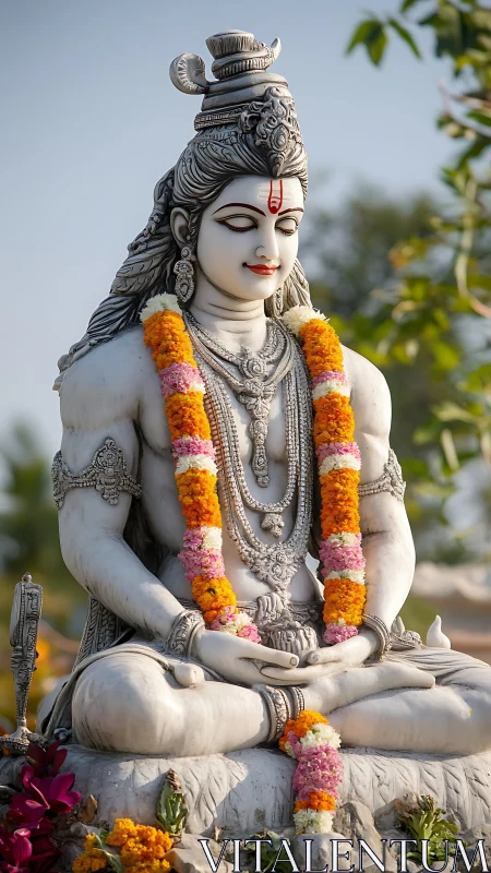 Marble Shiva statue in meditative asana with floral garlands