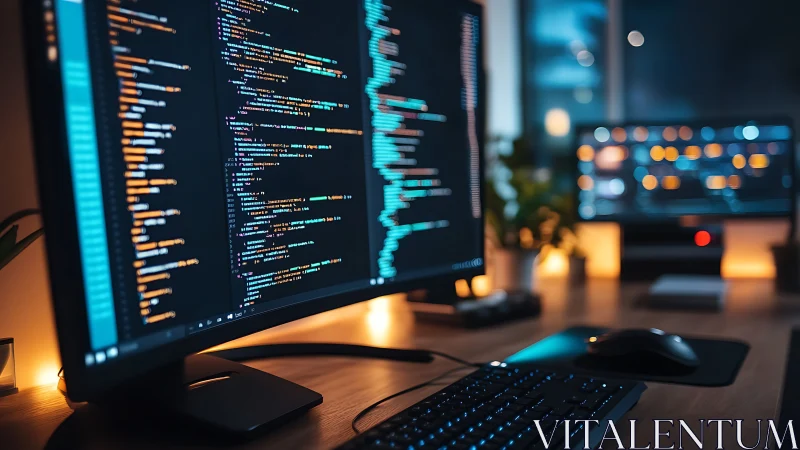 Ultrawide dual-monitor workstation with code editor at night