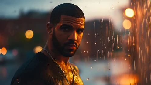 Male subject in urban rain with evening city lights.