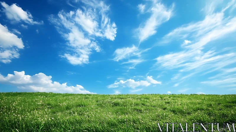 Sunny green meadow under vivid blue sky with clouds.