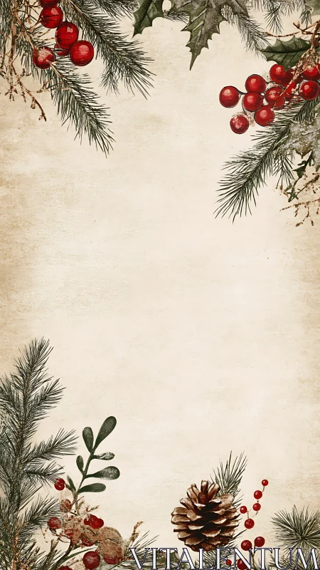 Cozy holiday border with pine branches and red berries.
