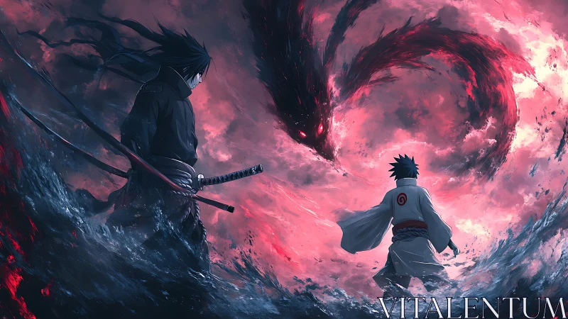 Two anime warriors confront swirling red-eyed energy beast