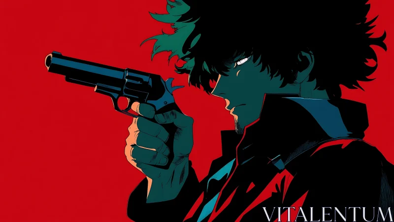 Stoic gunman in profile raises pistol against red backdrop