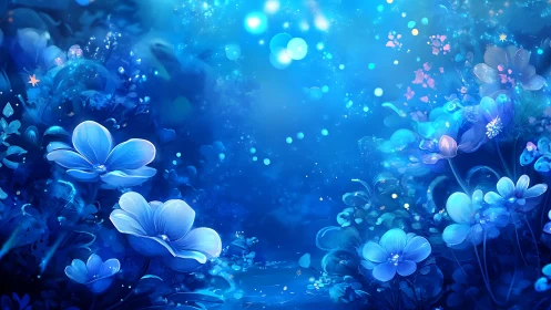 Blue luminescent flowers with particle effects in digital space