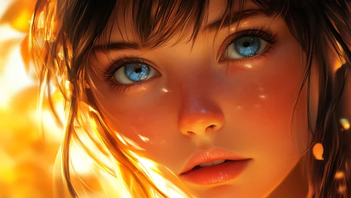 Sunlit anime portrait renders luminous skin and blue eyes