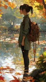 Autumn hiker standing in reflective woodland pond profile