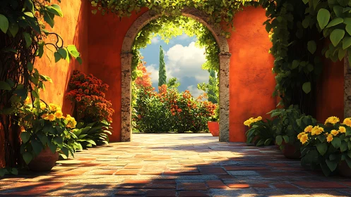 Mediterranean courtyard with archway and flowering plants.