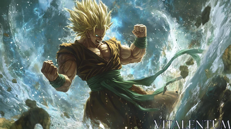 Golden warrior unleashes cosmic power amid swirling storm.