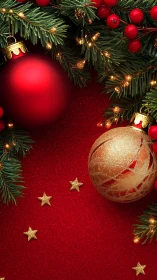 Red baubles, fir branches, and lights form a vertical frame