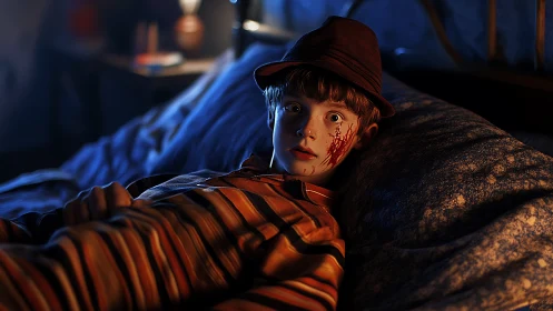 Cinematic 3D portrait of shocked boy in dramatic night lighting.