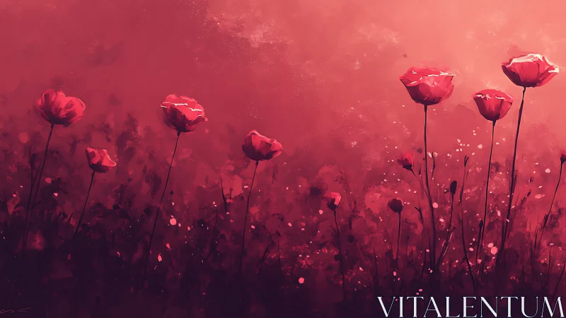 Ethereal red poppies bloom in dreamy atmospheric light and haze