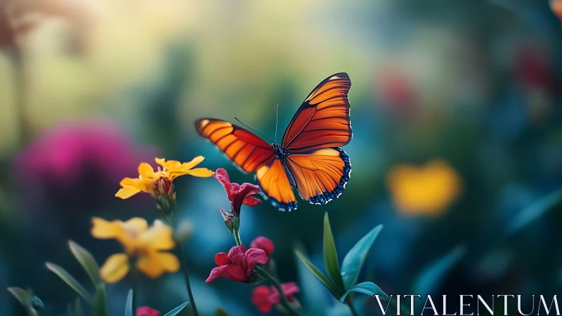 Gentle orange butterfly drifting through a dreamy garden.