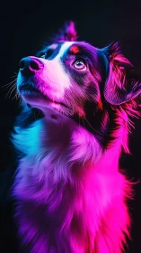 Neon rim-lit canine portrait in high-contrast photorealism.