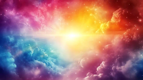 Cosmic nebula sunrise over glowing interstellar clouds.