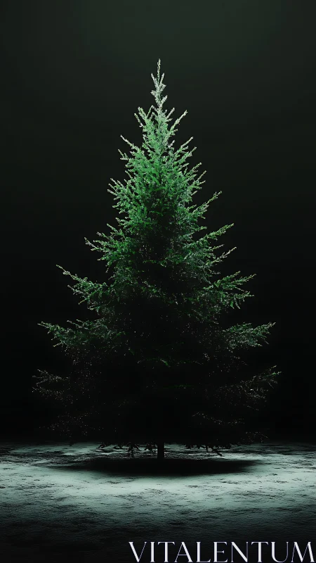 Solitary evergreen tree under cold spotlight on snow field.