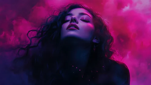 Dream-lit portrait wrapped in electric rose and violet haze.