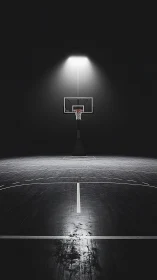 Lone hoop under arena spotlight, waiting for one last shot.