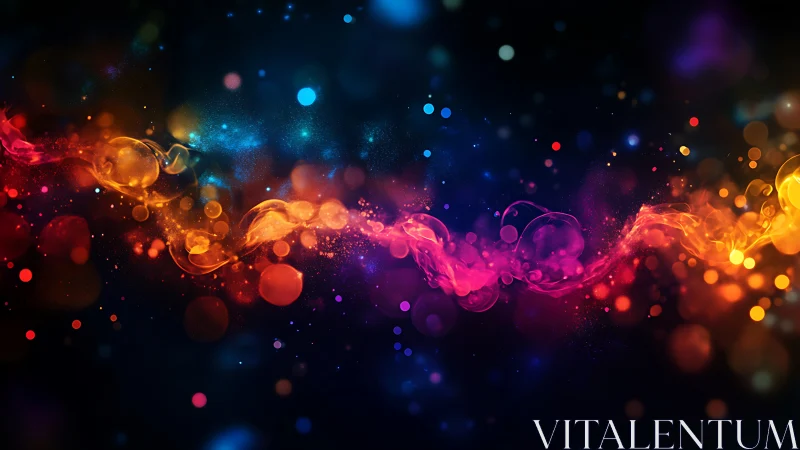 Colorful light wave with glowing bokeh on dark background.