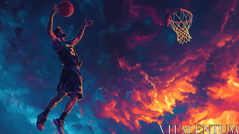 Soaring basketball player rises toward a glowing sunset hoop