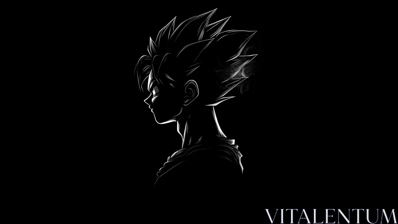 Silhouetted spiky-haired warrior rendered in stark side profile.