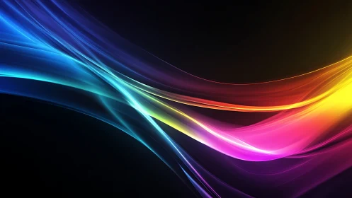 Radiant neon light waves sweep across deep black space.