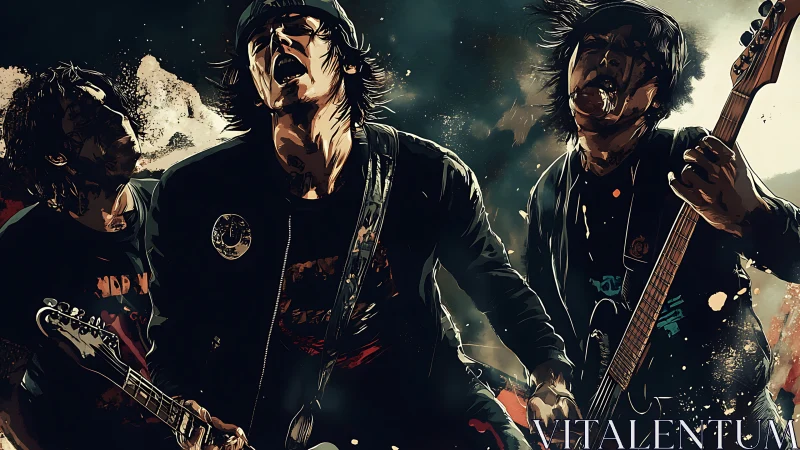 Electric rock trio performance in stylized digital artwork.
