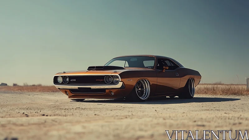 Sunlit muscle car prowls the open desert with low-slung pride.