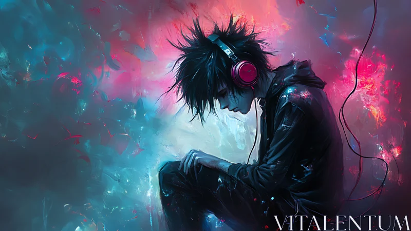 Solitary teen with headphones in vivid digital light.