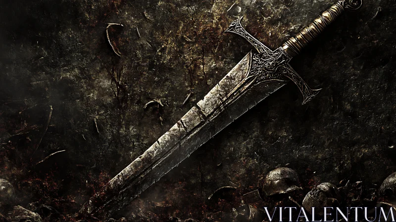 Ancient battle sword rests amid shattered armor and ash