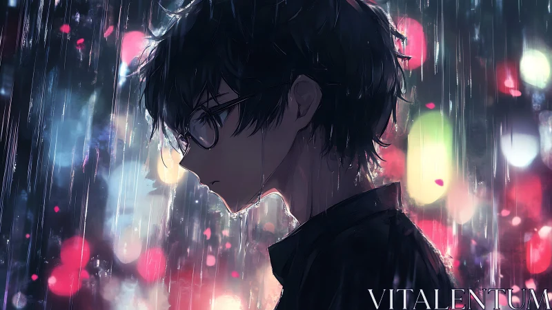 Melancholic anime boy in neon rain with falling petals.