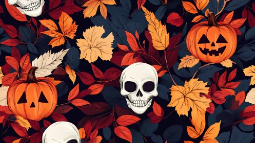 Vector skulls and pumpkins embedded in dense autumn foliage pattern