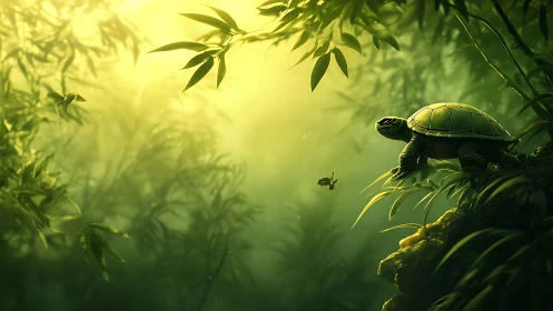 Sunlit forest turtle observes insects in atmospheric green haze