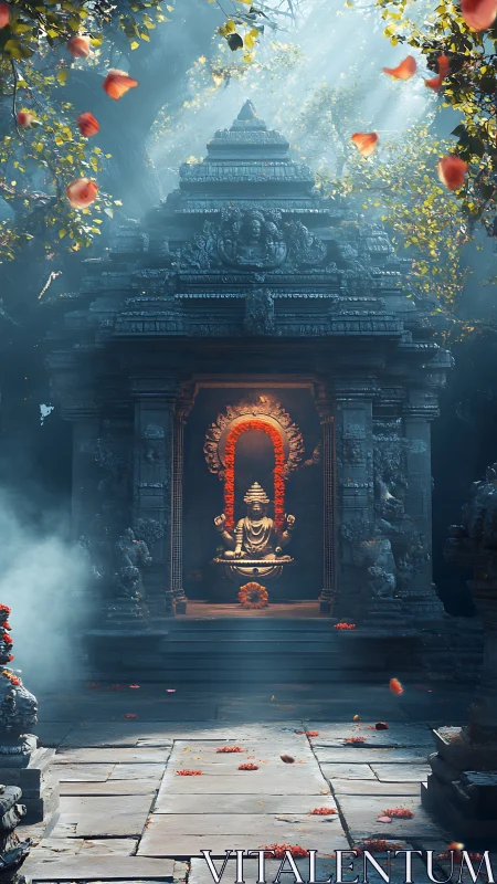 Stone temple sanctum with seated deity and falling petals.