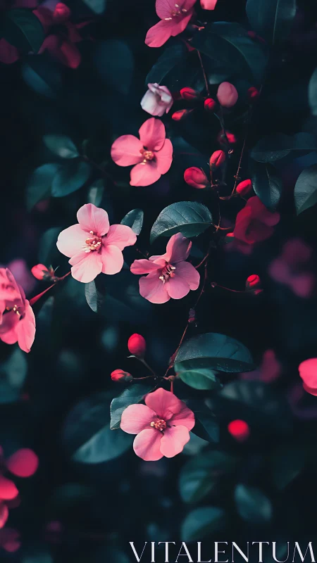 Pink Blossoms in Moody Teal Foliage Creates Elegant Botanical Contrast