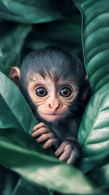 Juvenile monkey framed by lush foliage in photoreal detail